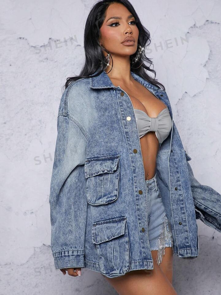 SHEIN Haute Cargo Drop Shoulder Denim Jacket | SHEIN