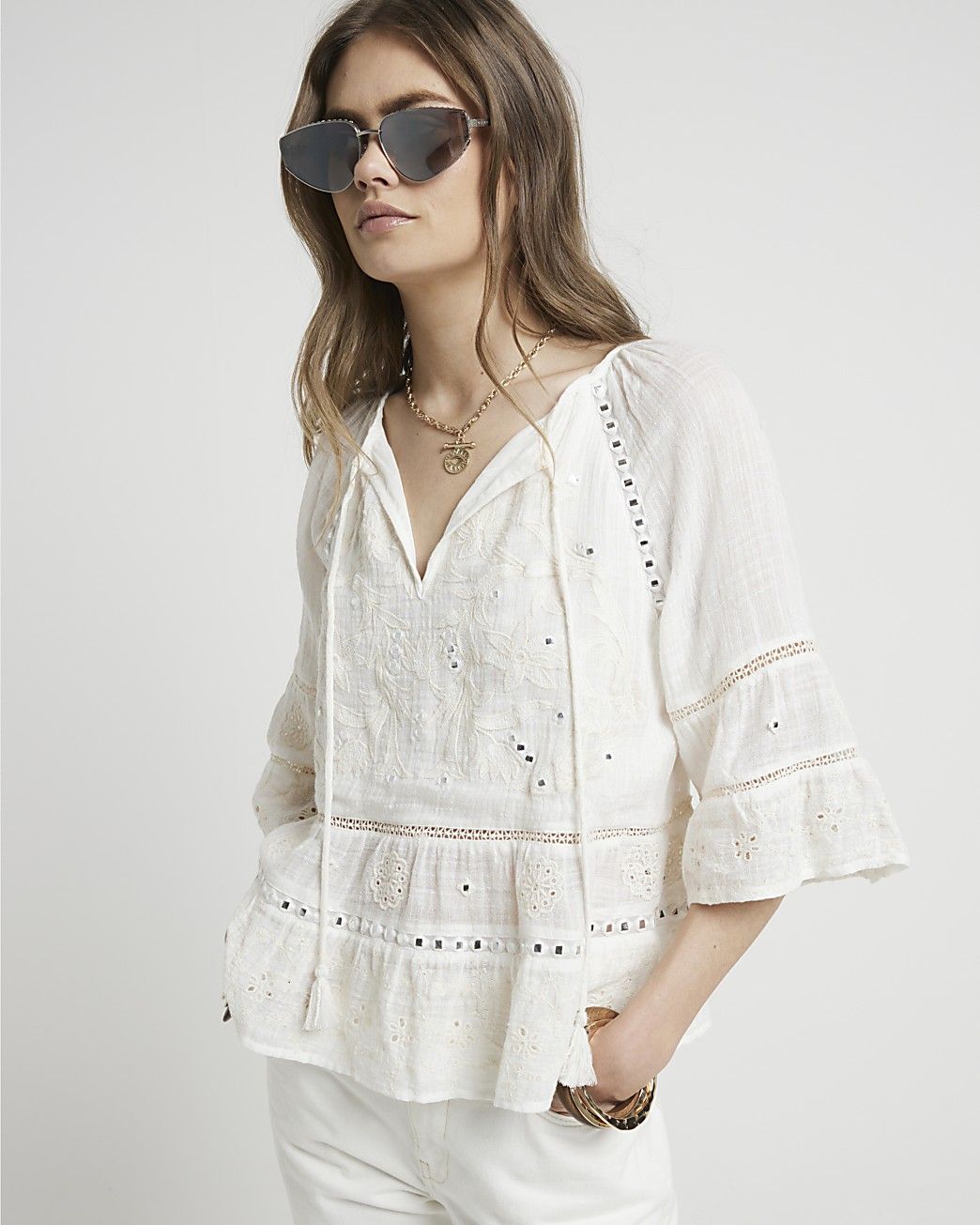 Cream Broderie floral blouse | River Island (UK & IE)