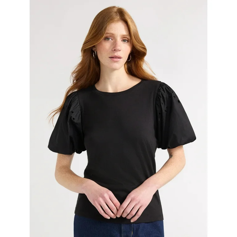 Free Assembly Women's T-Shirt with Embroidered Eyelet Sleeves, Sizes XS-XXL - Walmart.com | Walmart (US)