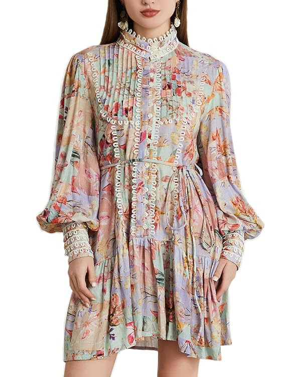Women's Bohemian Floral Print Button Down Long Lantern Sleeve Shift Tunic Dress Casual Ruffle Swi... | Amazon (US)