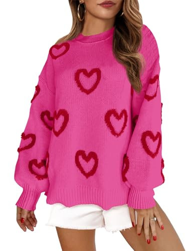 Saodimallsu Womens Heart Sweater Valentines Oversized Cute Winter Chunky Knit Crew Neck Side Slit Pullover Sweaters Rose Red | Amazon (US)