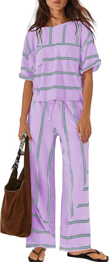 Nirovien Womens Striped Lounge Set 2 Piece Vacation Sets Short Sleeve Tops and Wide Leg Pants Tra... | Amazon (US)