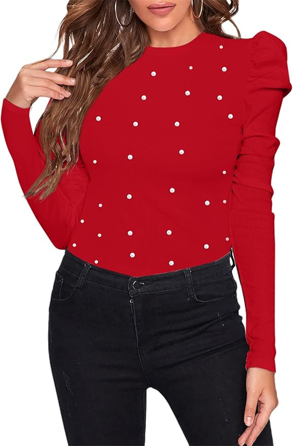 Remidoo Women's Solid Round Neck Puff Long Sleeve Slim Fit T Shirt Tops | Amazon (US)