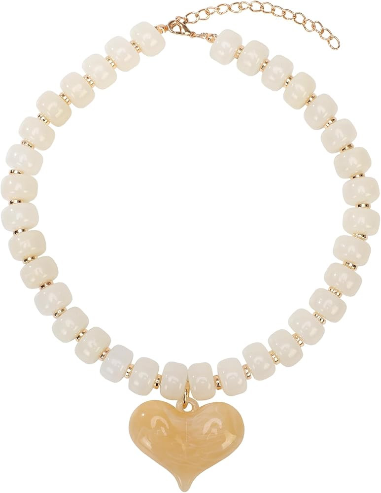 Chunky Colorful Beaded Statement Boho Chokers Necklace Heart Pendant Pink Green Yellow Brown Fash... | Amazon (US)