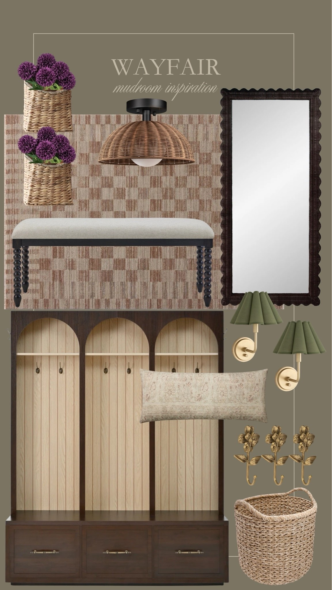 Wayfair mushroom inspiration 🤍 The prettiest finds for a vintage and moody mushroom or entryway. I love those green sconces, this bench, and that beautiful mirror.