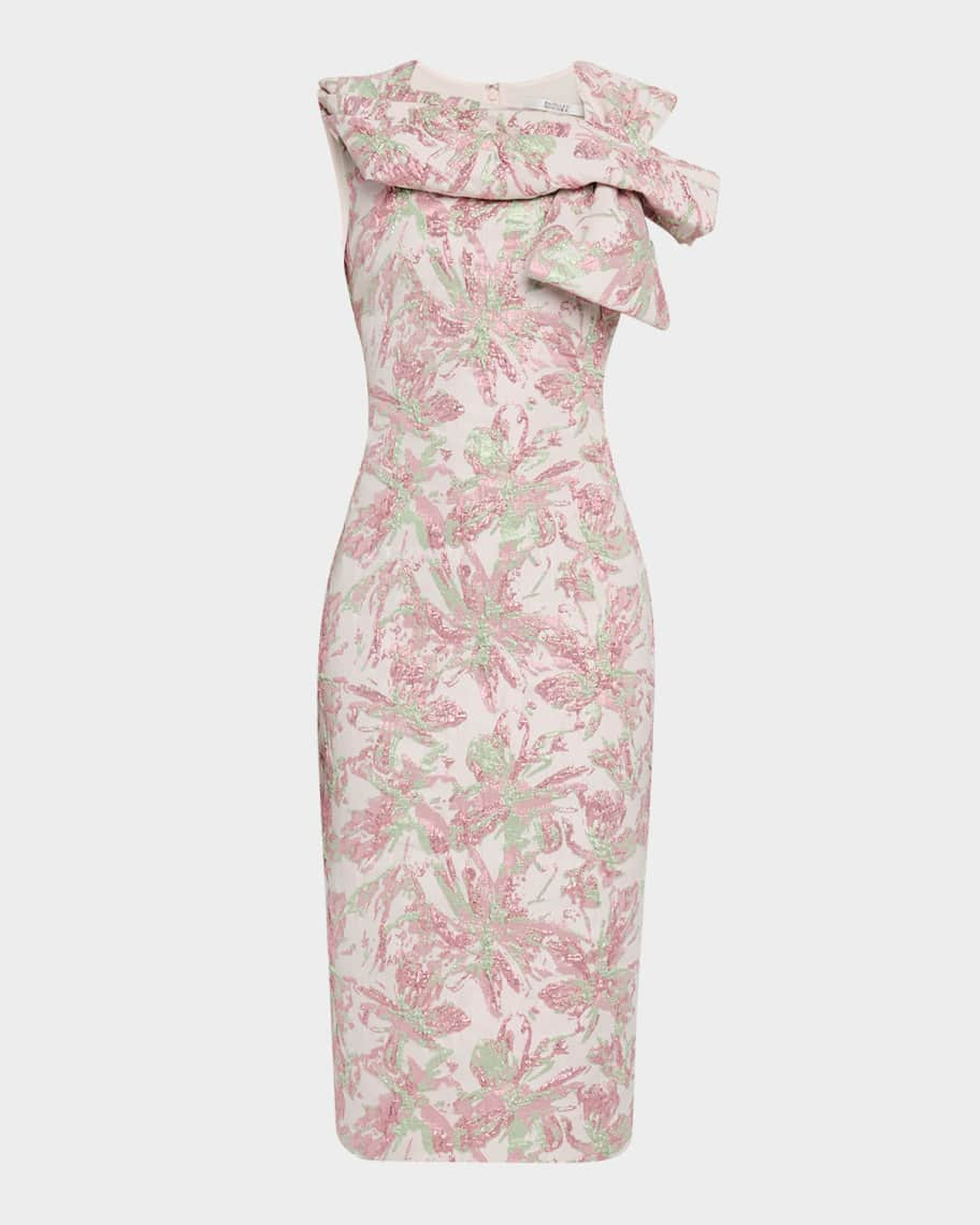 Badgley Mischka Collection Bow-Front Metallic Jacquard Midi Sheath Dress | Neiman Marcus