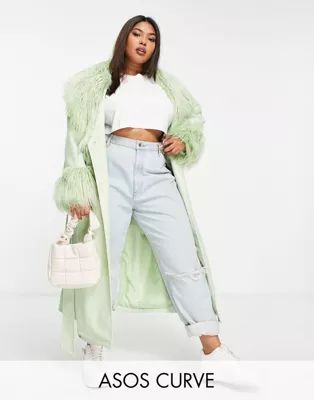 ASOS DESIGN Curve leather look belted coat with borg trim in pistachio | ASOS (Global)