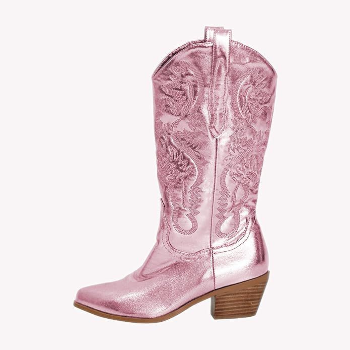 MissHeel Mid Calf Cowgirl Boots Embroidered Block Chunky Heel in Pink Silver | Amazon (US)