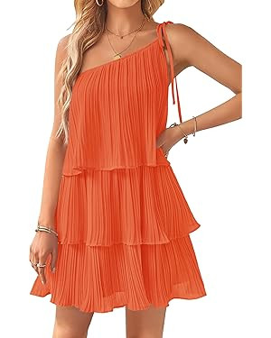 ZESICA Women's 2024 Boho Summer One Shoulder Sleeveless Ruffle Tiered Layered Chiffon Pleated A L... | Amazon (US)
