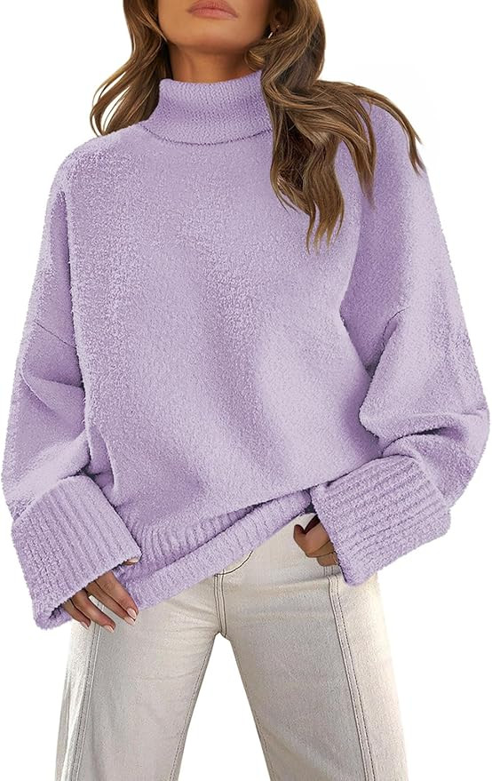 MEROKEETY Women's Turtleneck Fuzzy Knit Pullover Sweaters Long Sleeve Oversized Casual Jumper Top... | Amazon (US)