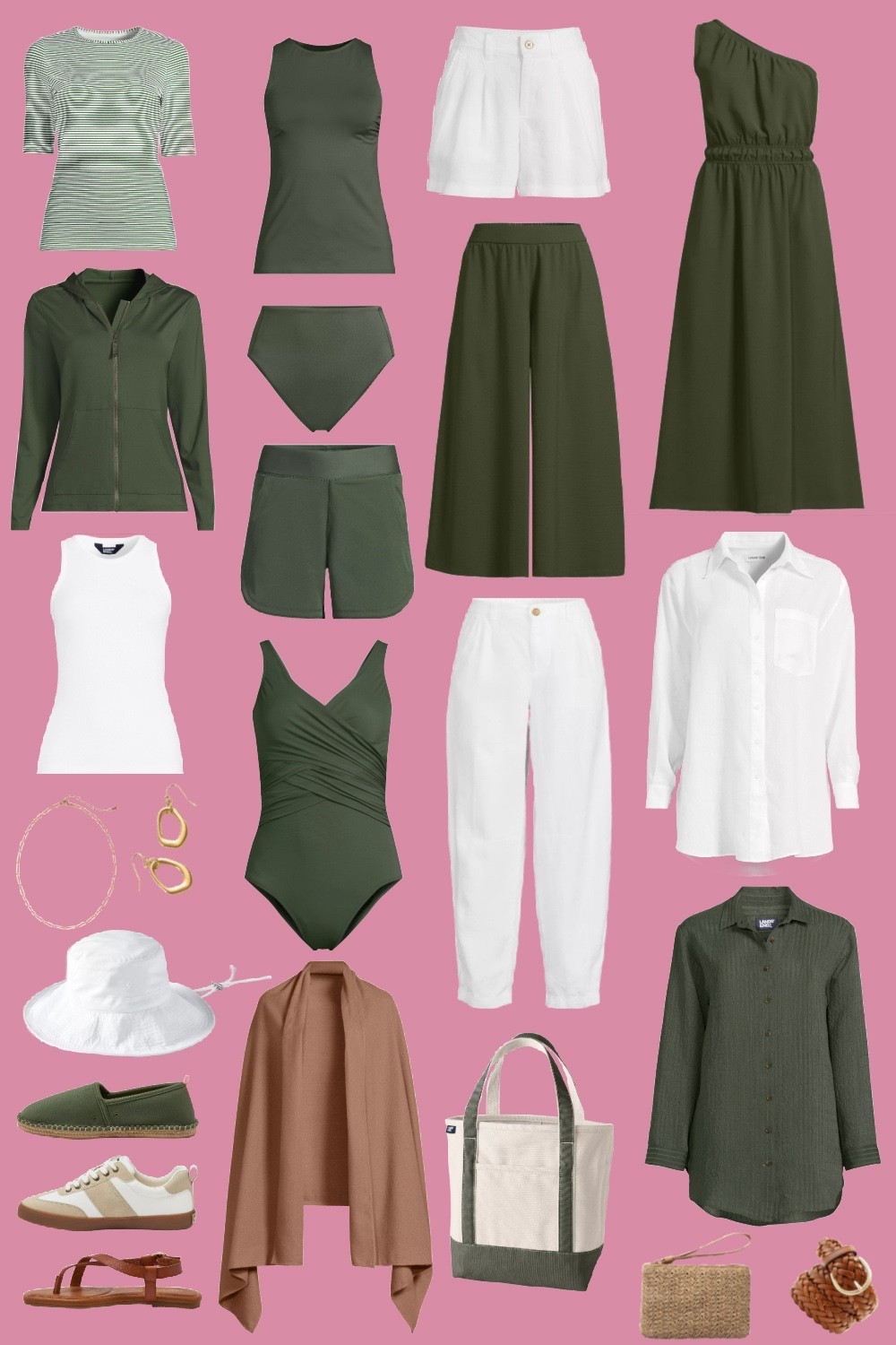 Lands' End is 50% off which means this entire vacation capsule wardrobe for women in midlife is half off! Mix and match in chic classic shades of olive and white with cognac accents. Day to night outfits for an active summer in the sun. Those espadrilles are water shoes and the striped top goes from street to pool with UPF protection. 

#LTKOver40 #LTKSeasonal #LTKSaleAlert