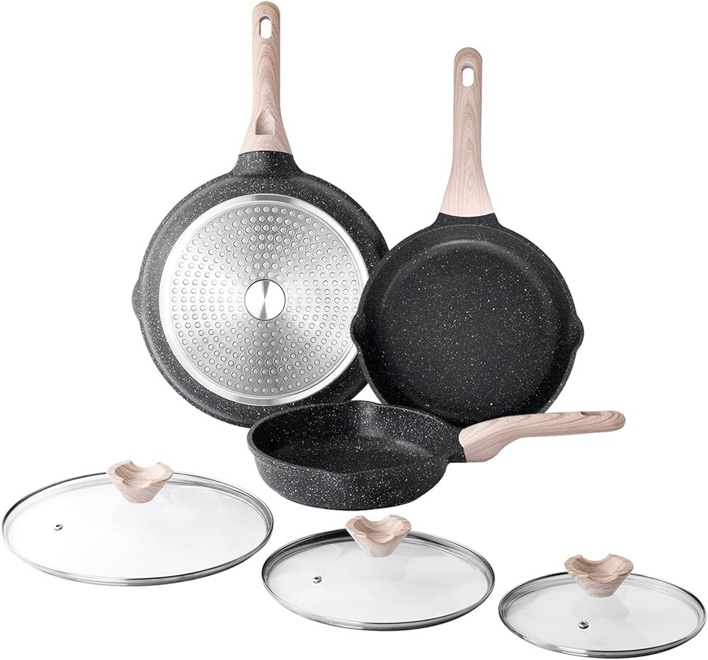 Nonstick Frying Pan Set with Lids, 3 Piece Skillet Set, Healthy Induction Cooking Pan, Stay-Cool ... | Amazon (US)