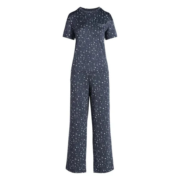 Joyspun Women's Dreamy Soft Collection Short Sleeve Sleep Top and Open Leg Pants Pajama Set, 2-Pi... | Walmart (US)