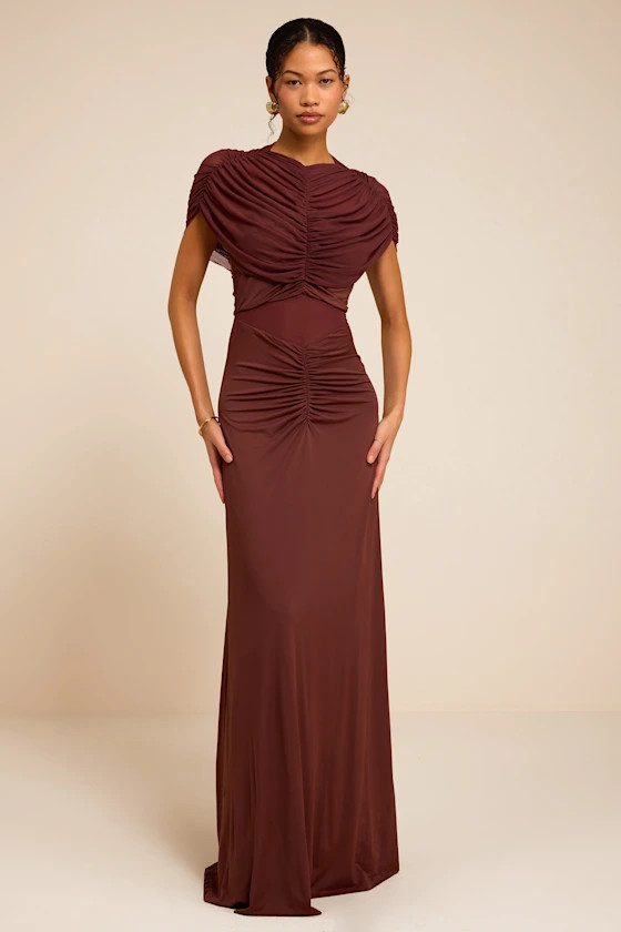 Murielle Rust Brown Mesh Ruched Maxi Dress | Lulus