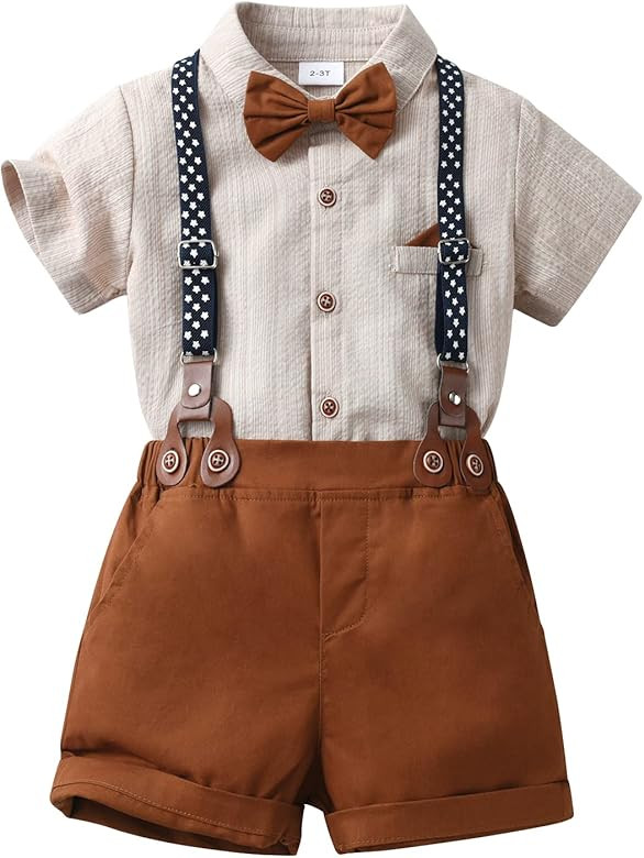 ALINTU Baby Boy Dress Clothes, Short Sleeve Shirt + Suspender Shorts with Bow Tie, Gentleman Outf... | Amazon (US)