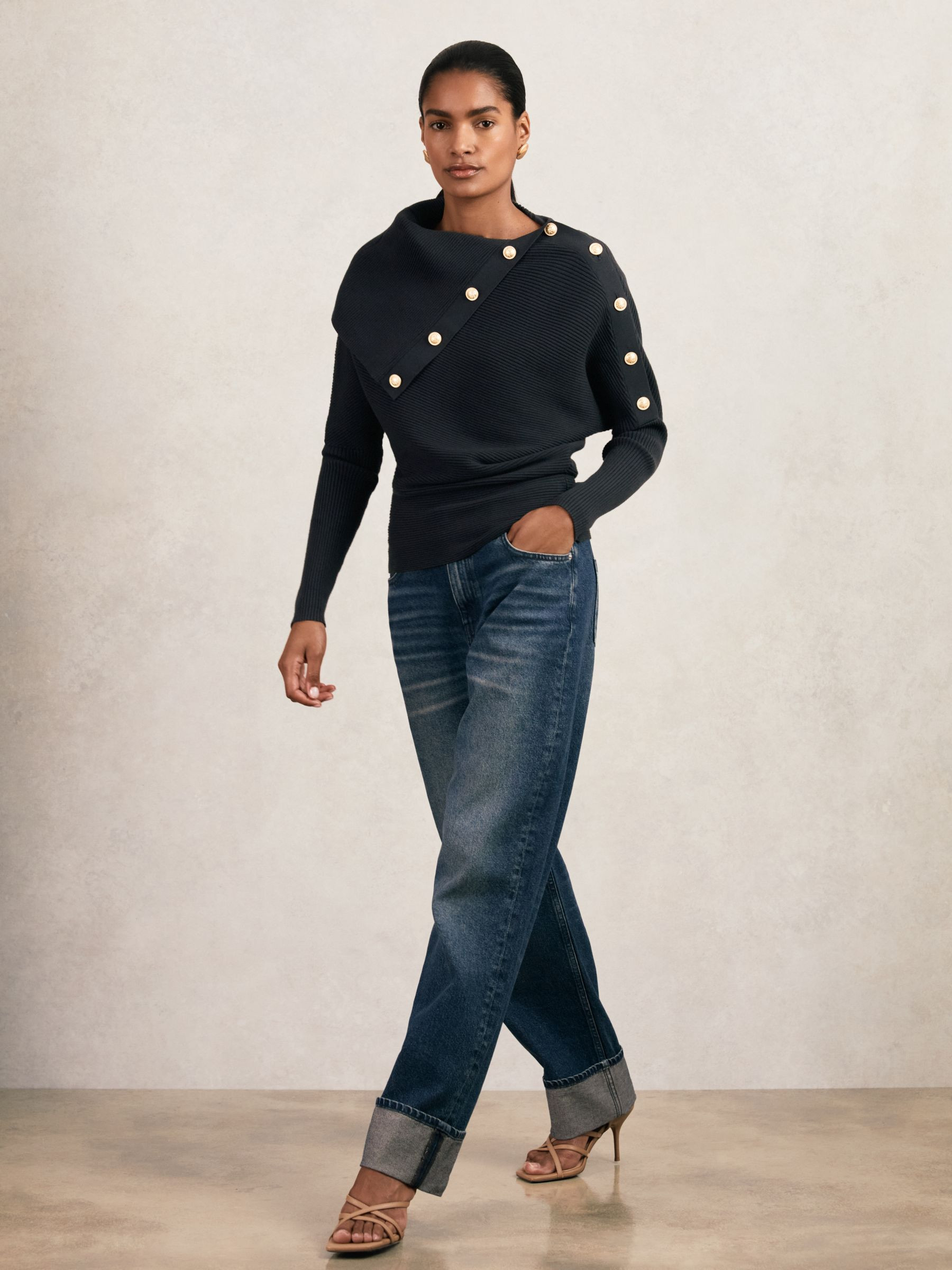 Rib-Knit Button Shawl Jumper in Navy | Reiss US