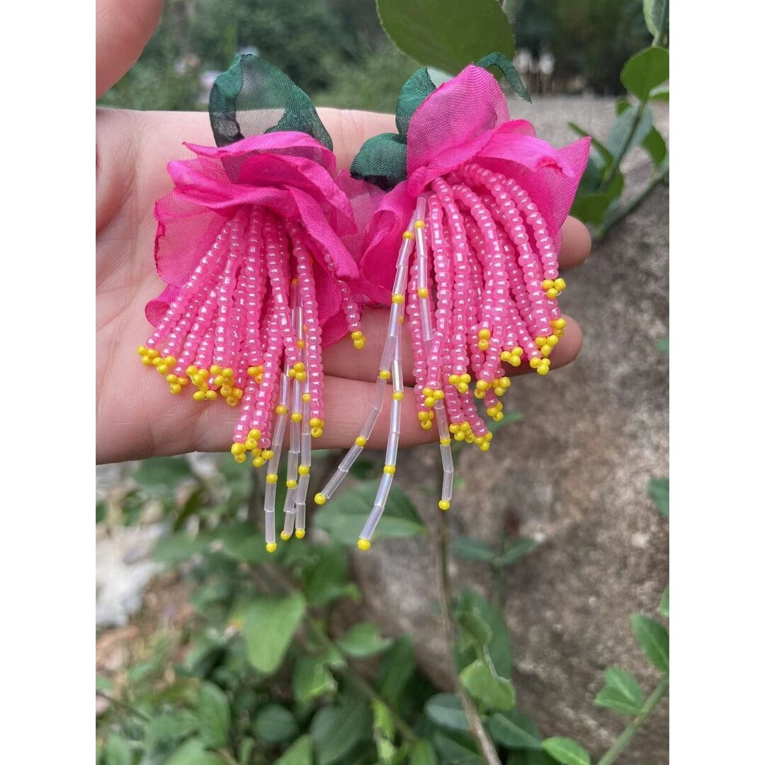 FUCHSIA HOT PINK Silk Flower Earrings Beaded Summer Pouch - Etsy | Etsy (US)