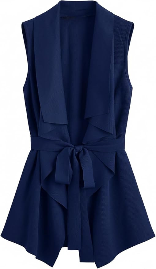 WDIRARA Women's Open Front Vest Jackets Waterfall Collar Sleeveless Knit Cardigan with Belt | Amazon (US)