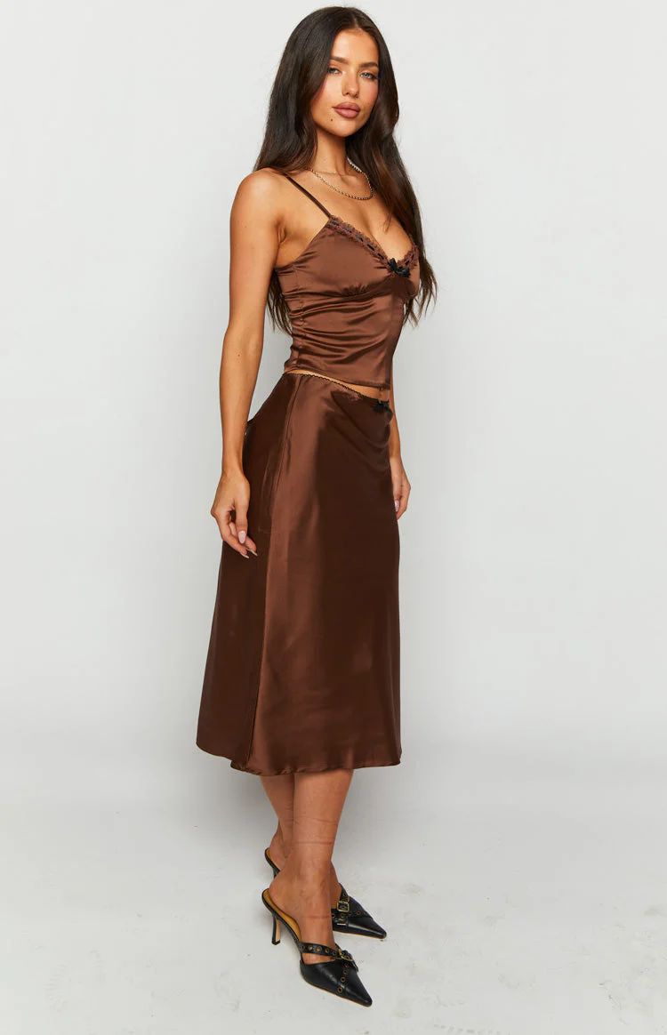 Khloe Brown Satin Midi Skirt | Beginning Boutique (US)