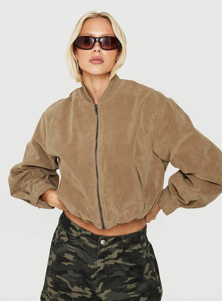 Mastery Faux Suede Bomber Jacket Taupe | Princess Polly US
