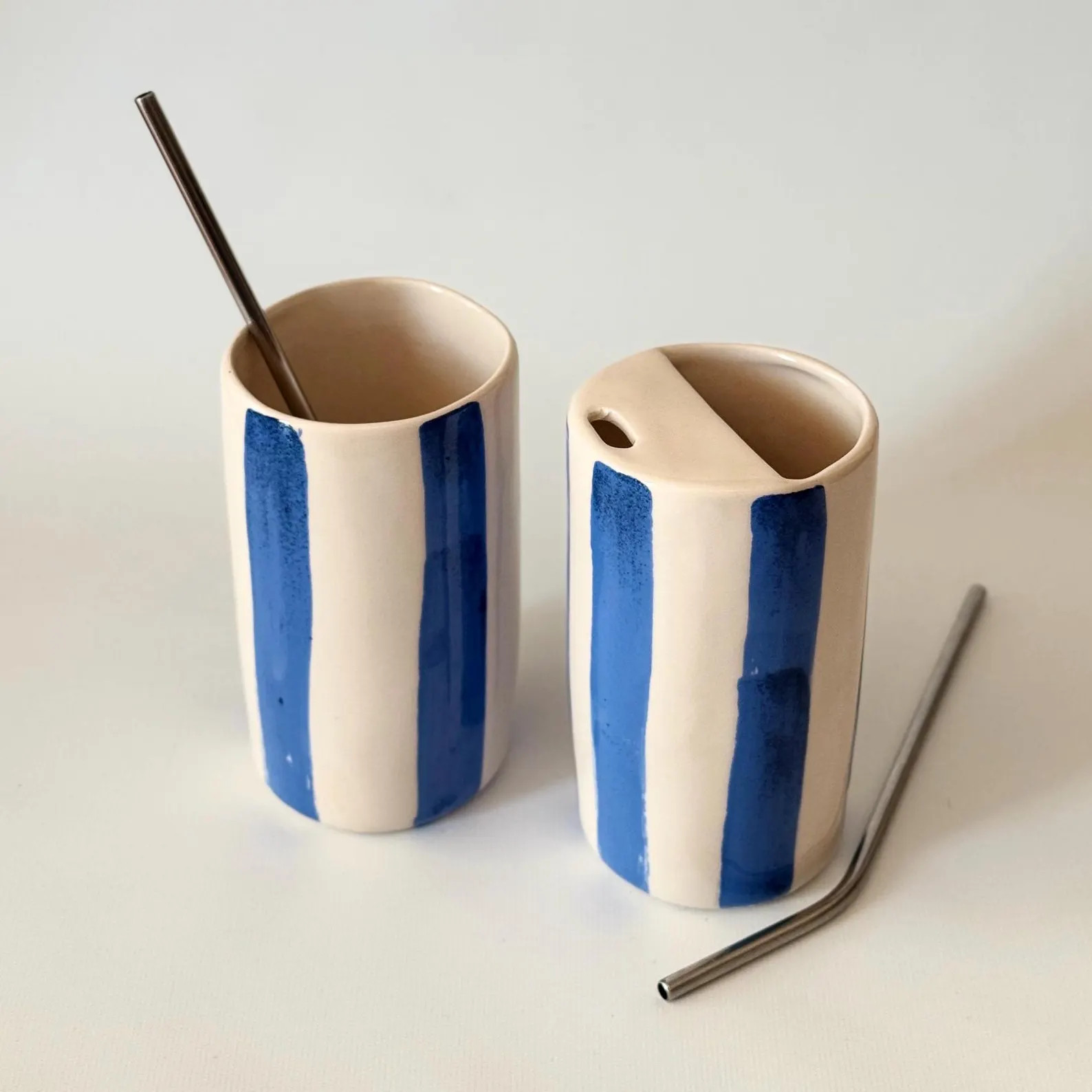 Handmade to Go Cup Striped *choose Color* Ceramic Cup With Straw | Smoothie Cup | Lidless Sippy C... | Etsy (US)