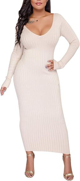 SheKiss Womens Sexy Off-Shoulder Sweater Dresses Long Sleeves Bodycon Knit Solid Cardigans | Amazon (CA)