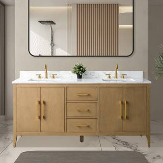 72 in. W x 22 in. D x 38 in. H Double-Sink Bathroom Vanity in Natural Oak with Engineered Marble Top in Arabescato White | The Home Depot