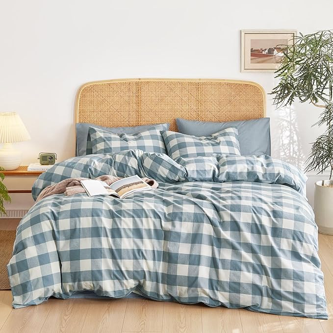 Wake In Cloud - Gingham Cotton Duvet Cover Set, Plaid Buffalo Check Checkered Farmhouse, 100% Was... | Amazon (US)