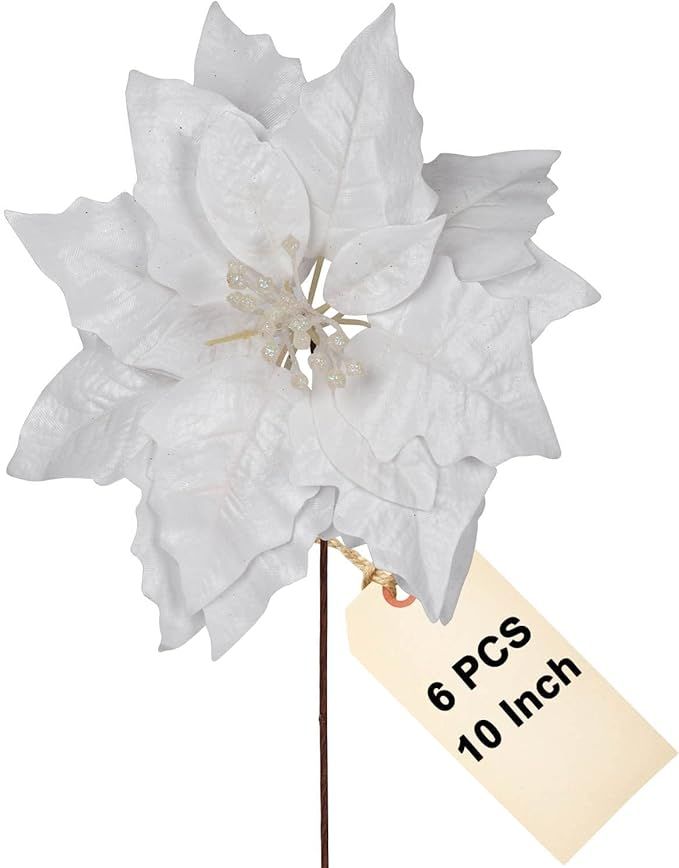 10 Inch Poinsettia Flowers for Christmas Tree - 6PCS White Christmas Flowers Artificial for Tree ... | Amazon (US)