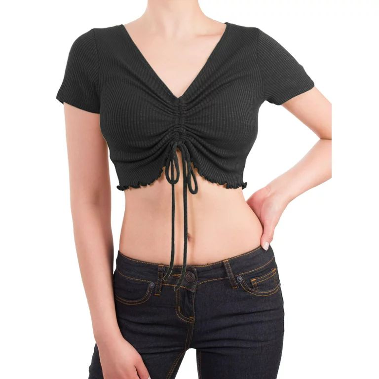 MixMatchy Women's Sexy Ruched Drawstring Front Short Sleeve V Neck Crop Tee Top - Walmart.com | Walmart (US)