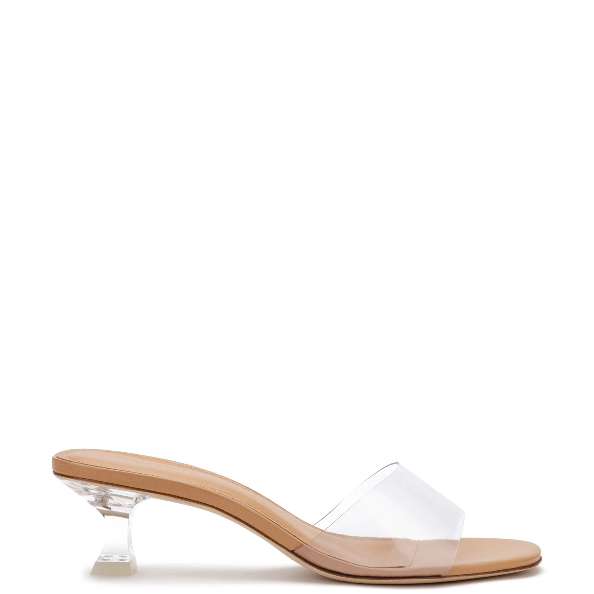 Vivi Lucite Mule In Tan Leather and Vinyl | Larroude