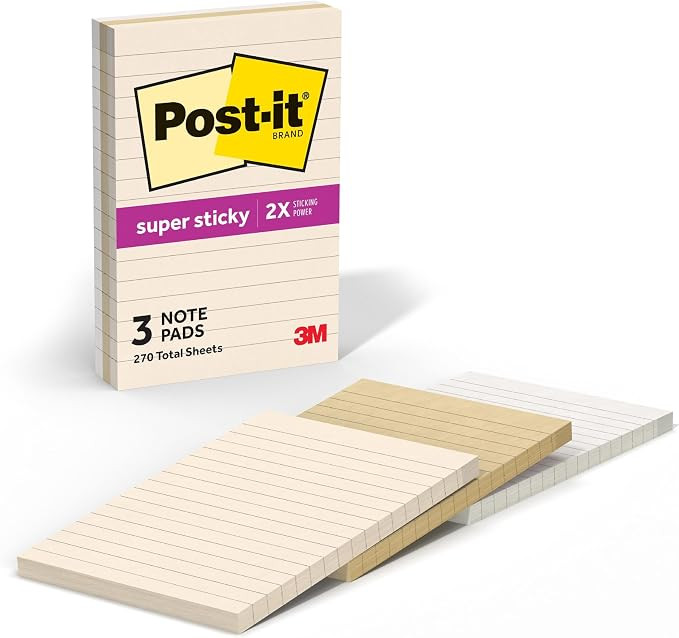 Post-it Super Sticky Notes, 3 Lined Sticky Notes Pads, 4 x 6 in., School Supplies and Oﬃce Supp... | Amazon (US)