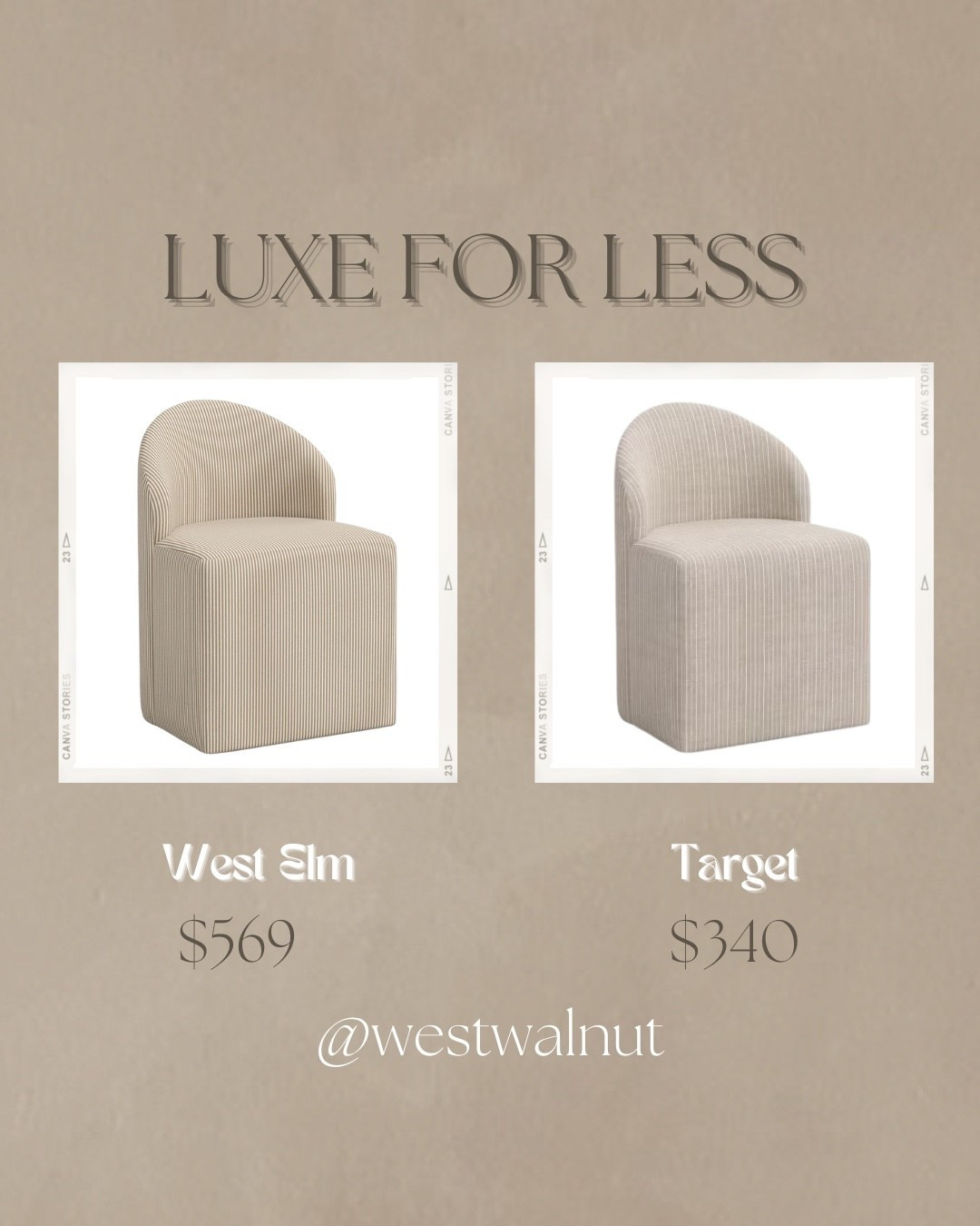 On the left is the Noosa Upholstered Dining Chair from West Elm. It is constructed with a solid rubberwood frame. 
Featured Fabric - Burlap, Prep Stripe
Dimensions: 32” (H) x 23” (W) x 23” (D)

On the right is the Ella Tub Upholstered Dining Chair - Threshold™ from Target. This chair is constructed with a wood chair.
Featured Fabric - Pinstripe Linen
Dimensions: 32” (H) x 23” (W) x 23” (D)

#affordablefurniture #dupe #diningchair #luxeforless #furnituredupe #chairdupe

#LTKHome
