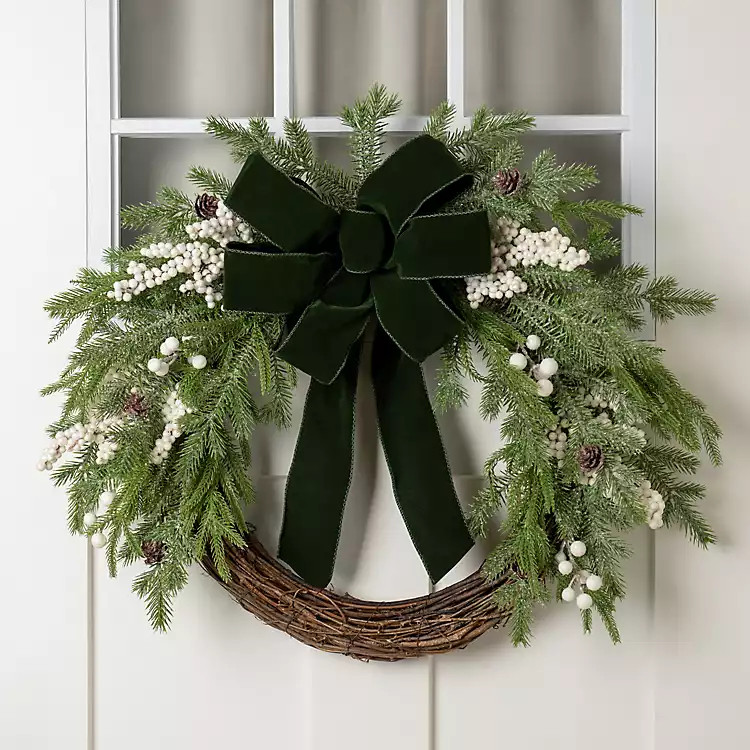 White Berry Green Velvet Bow Christmas Wreath | Kirklands