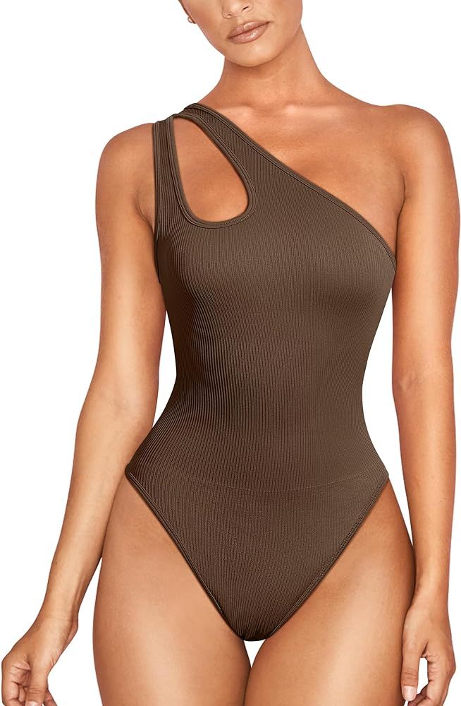 Women's Sexy One Shoulder Sleeveless Cut Out Ribbed One Piece Leotard Bodysuit Tops | Amazon (US)