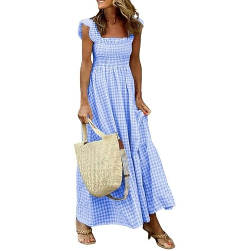 Multi Plaid Smocked Bust Maxi Dress,Women's Summer Ruffled Off Shoulder Maxi Dress,Spaghetti Strap Flounce Long Dress (US, Alpha, Small, Regular, Regular, Blue) | Amazon (US)