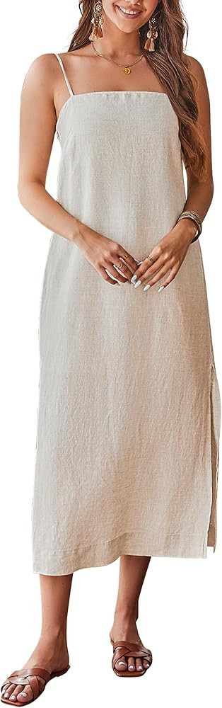 FIOPHY 100% Linen Dress Square Neck Sleeveless Spaghetti Strap Summer Casual Midi Summer Dresses ... | Amazon (US)
