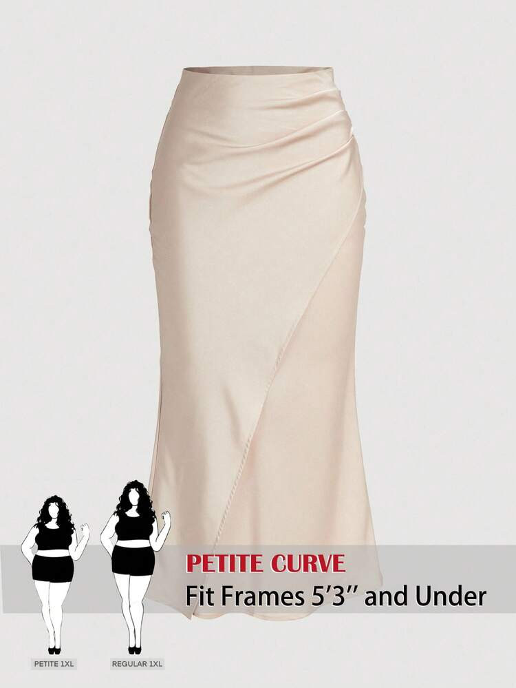 SHEIN PETITE CURVE Beige,Autumn,Elegant,Night,Wedding Guest CURVE Women's Plus Size Petite Solid Pleated Minimalist High-Waisted Long Skirt For Party Carnival | SHEIN