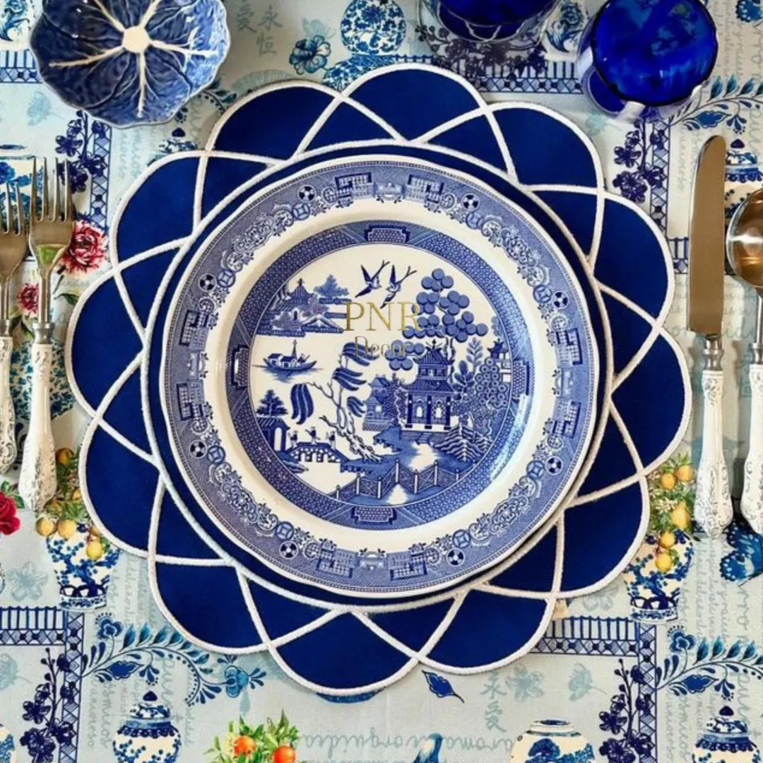 Gather Navy Blue White Handmade Fabric Placemat Scalloped Edge Waterproof Embroidered Personalize... | Etsy (US)