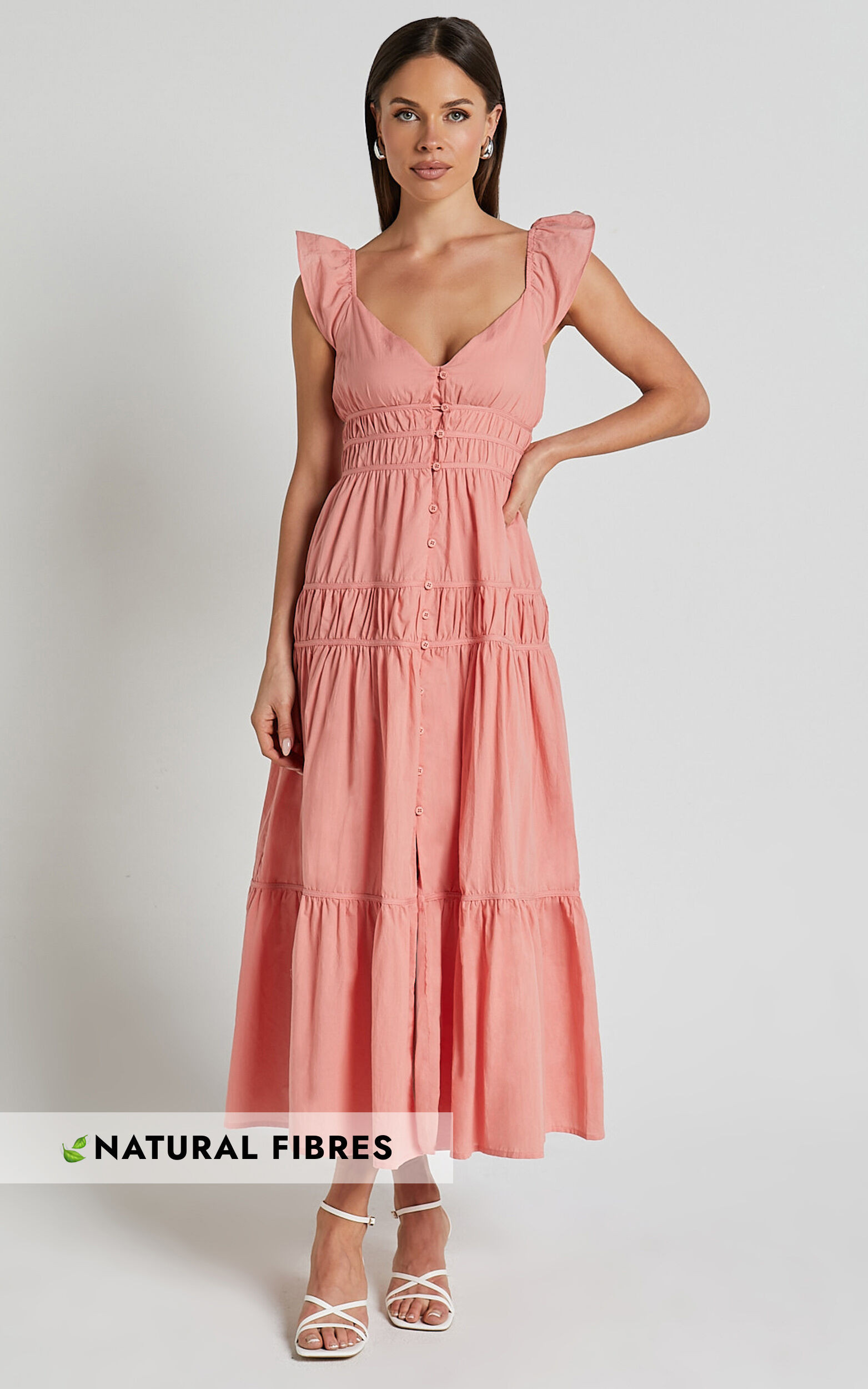 Addi Midi Dress - Button Front Plunge Neck Short Flutter Sleeve Tiered in Peach Fuzz | Showpo (US, UK & Europe)