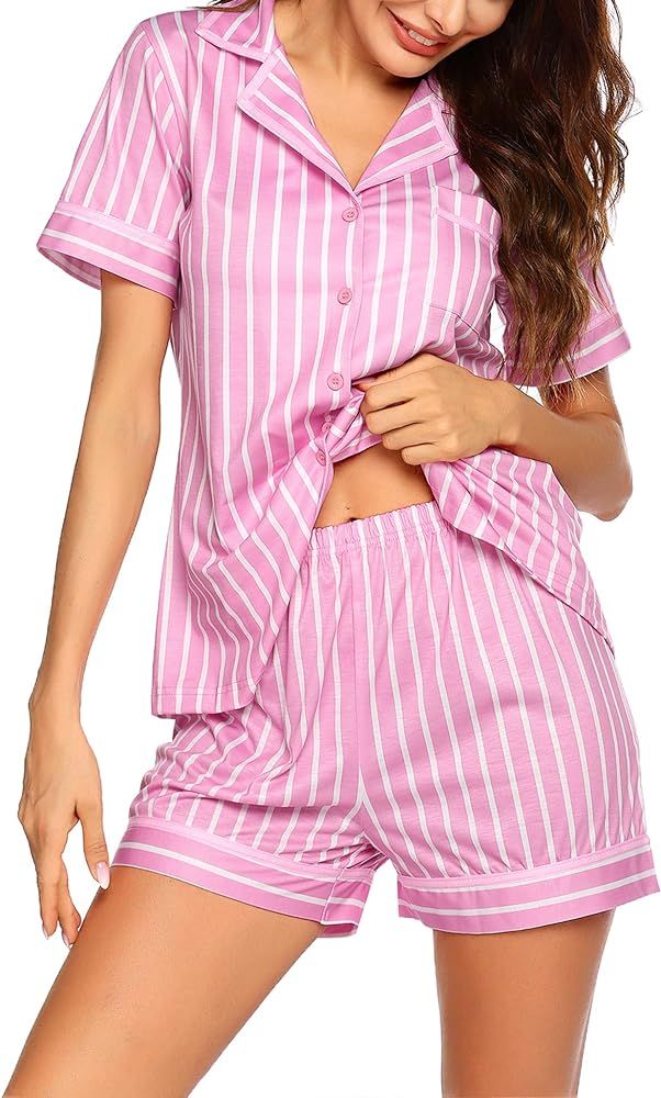 Ekouaer Pajamas Soft Striped Women's Short Sleeve Button Sleepwear Shorts Shirt PJ Set(S-XXL) | Amazon (US)