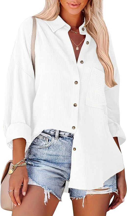 Womens Cotton Button Down Shirt Casual Long Sleeve Loose Fit Collared Work Blouse Tops with Pocke... | Amazon (US)
