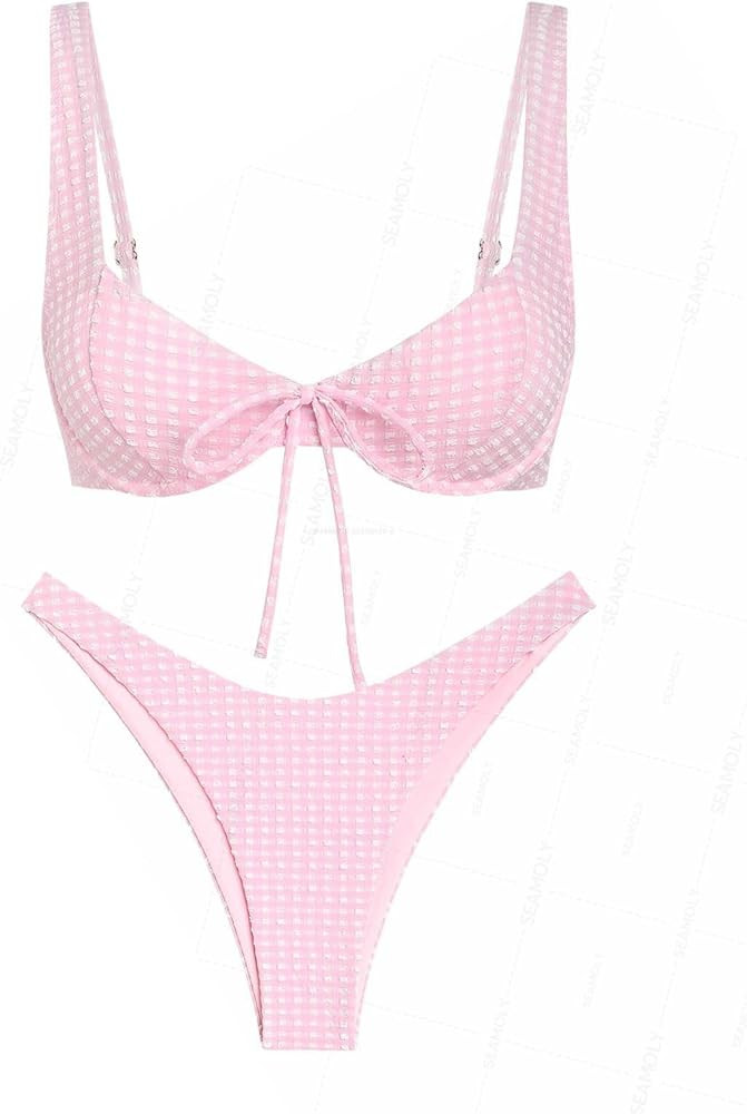 seamoly Gingham Ruched Bowknot Decor High Cut Bikini Set | Amazon (US)