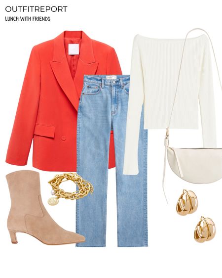Coral red blazer white top blue denim jeans brown ankle heeled booties white handbag 

#LTKstyletip #LTKshoecrush #LTKitbag