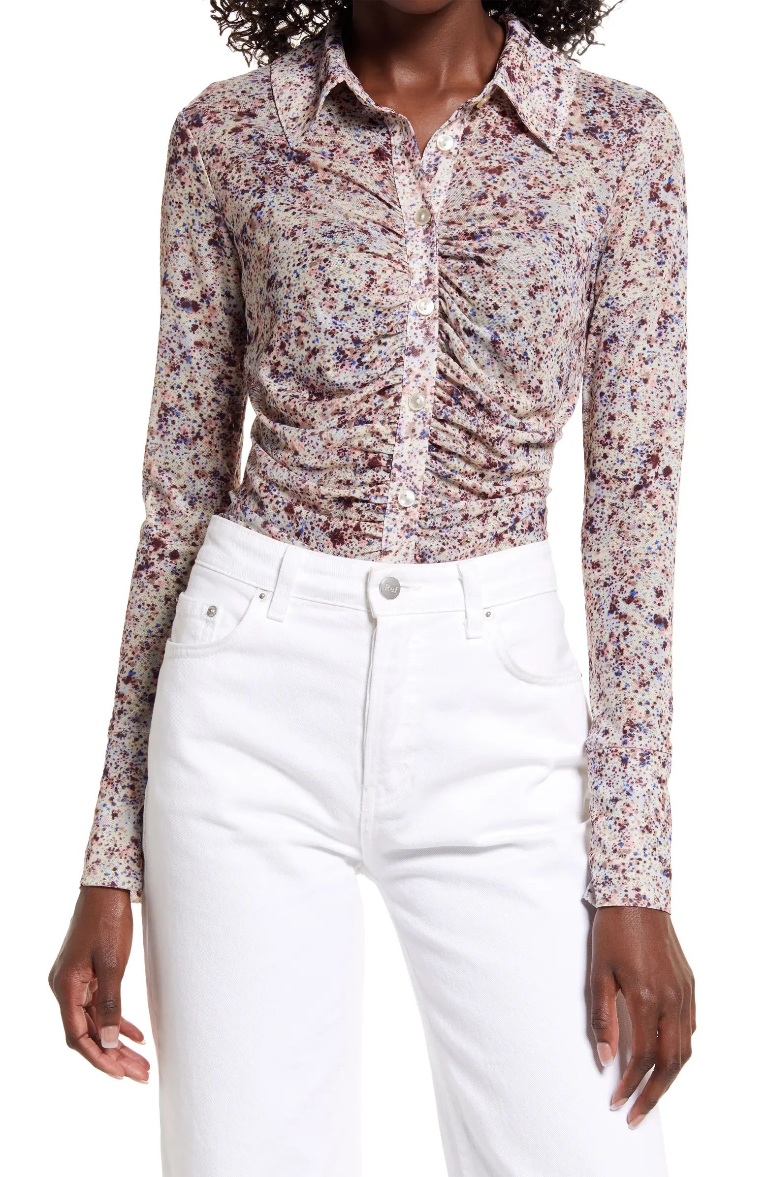 Open Edit Ruched Mesh Button-Up Shirt | Nordstrom | Nordstrom