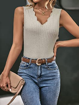 SweatyRocks Women's Casual Ribbed Knit Sleeveless Tops Basic Stretchy V Neck Tank Top | Amazon (US)