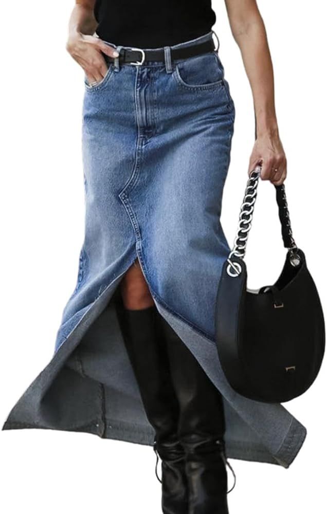 Drikio Womens Long Denim Skirt High Waist Split Skirt Zipper Up Asymmetrical Maxi Skirts Jean Ski... | Amazon (US)
