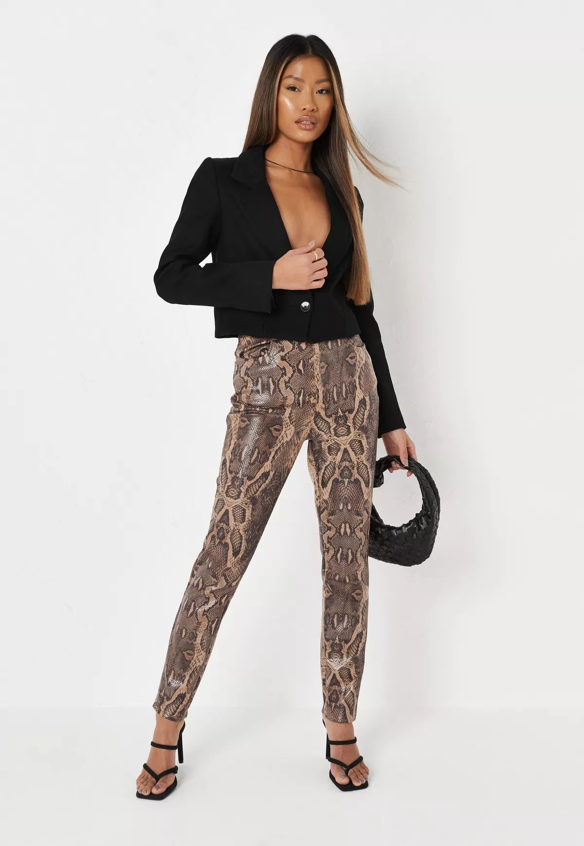 Missguided - Brown Snake Print Faux Leather Slim Leg Pants | Missguided (US & CA)