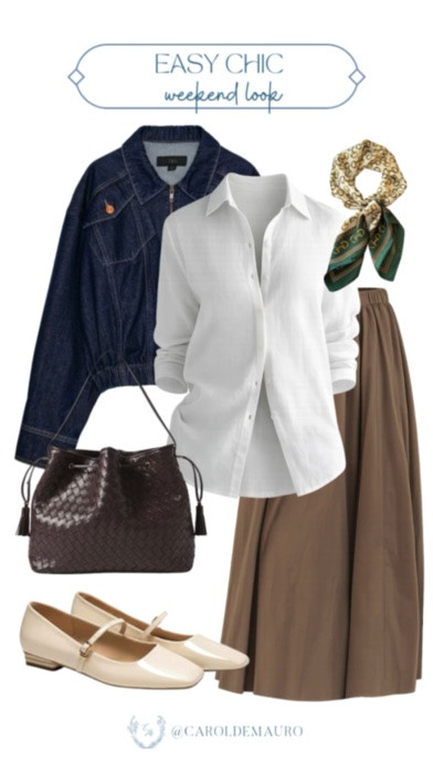 Achieve an effortless weekend look with a classic white button-down paired with a flowing neutral maxi skirt! Style it with a dark denim jacket and a silk scarf to add a touch of sophistication for any brunch or afternoon outing.

cool girl look, spring outfit, old money aesthetic, preppy look, casual chic, vacation wardrobe, fashion trend, pinterest inspo

#LTKootd #LTKSeasonal #LTKPetite