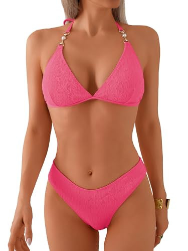 swimall Womens Halter Cheeky Bikini Sets Triangle Sexy Two Piece Swimsuit High Cut Bathing Suit - Hot Pink-Textured - Medium | Amazon (US)